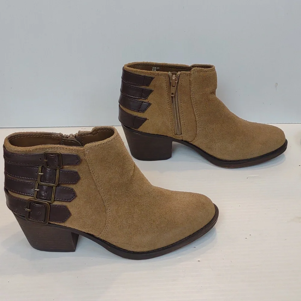 Crown Vintage Women's Joie Tan Suede Side Zip Strap/Buckle Detail Ankle Boots
